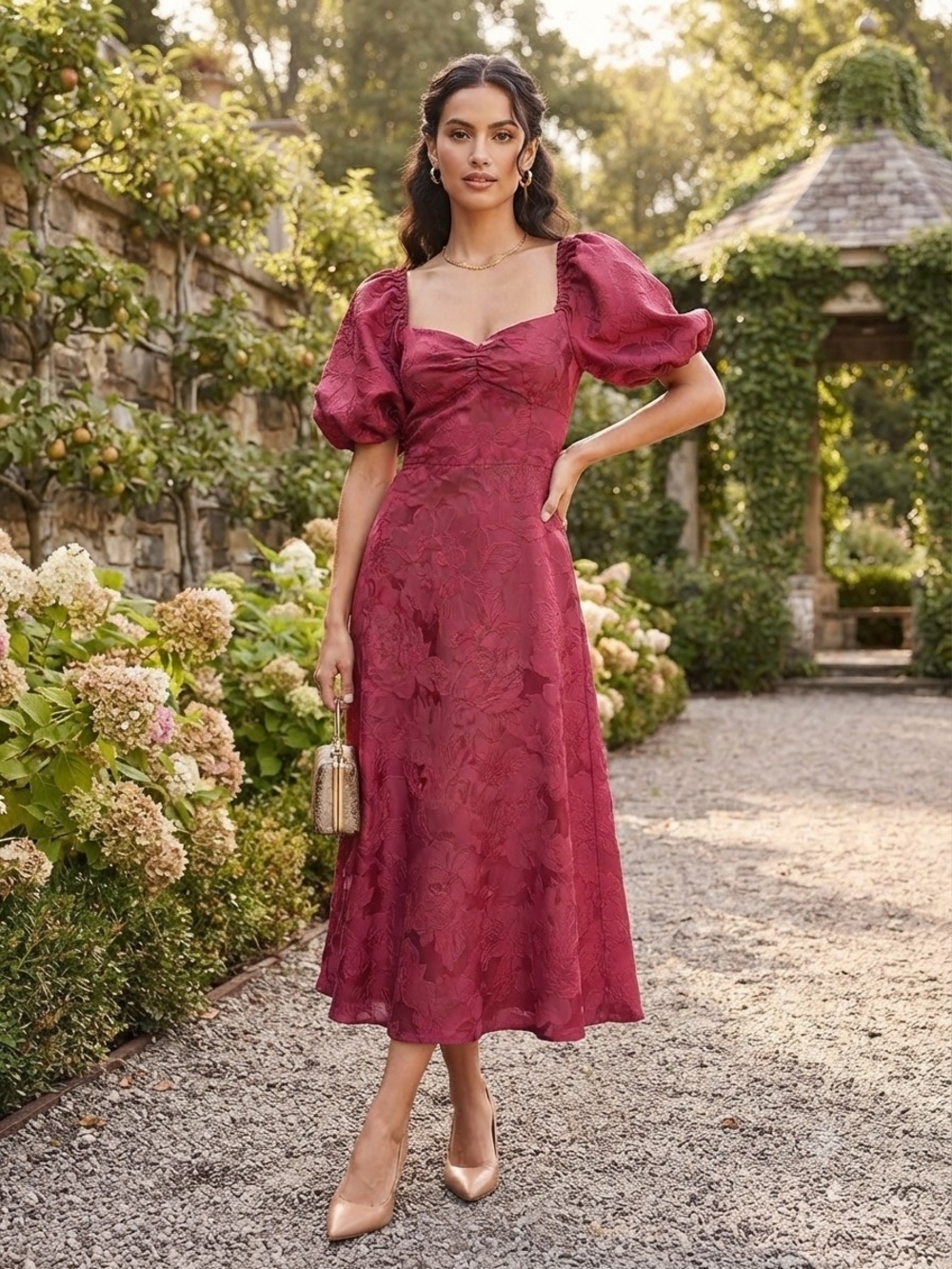 Sachin + Babi Berry Jacquard Puff-Sleeve Midi Dress